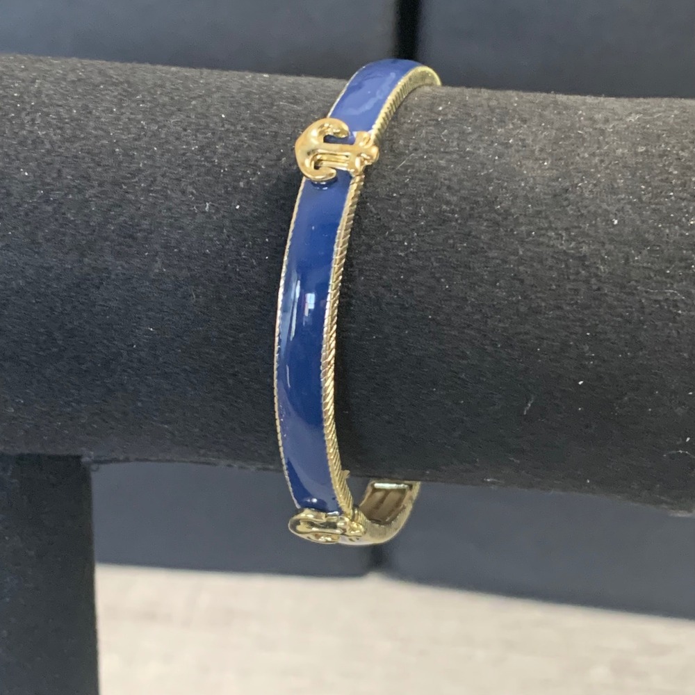 Nautical Navy Blue Enamel Anchor Stretch Bangle Bracelet Gold Tone 7 Inch